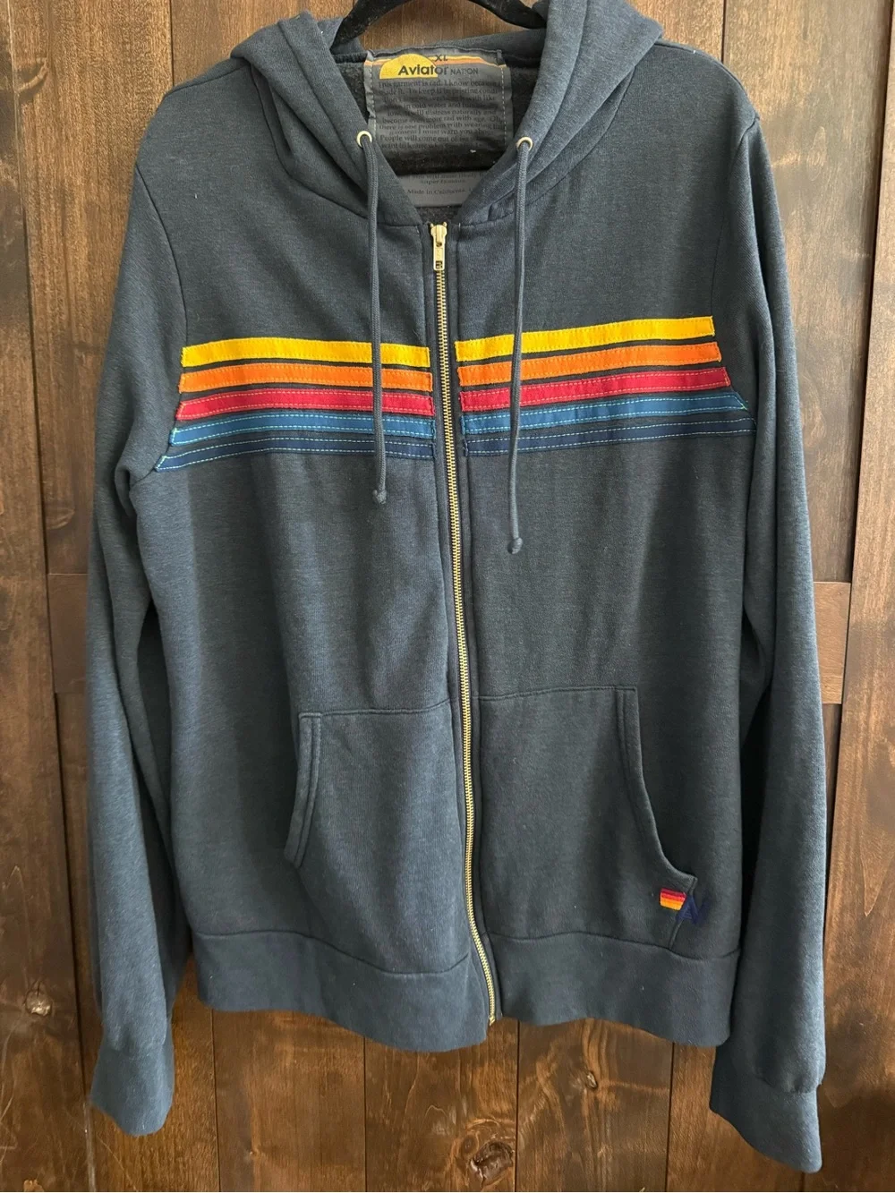 Aviator Nation Navy Zip-Up Hoodie with Yellow, Orange, Red and Blue Stripes